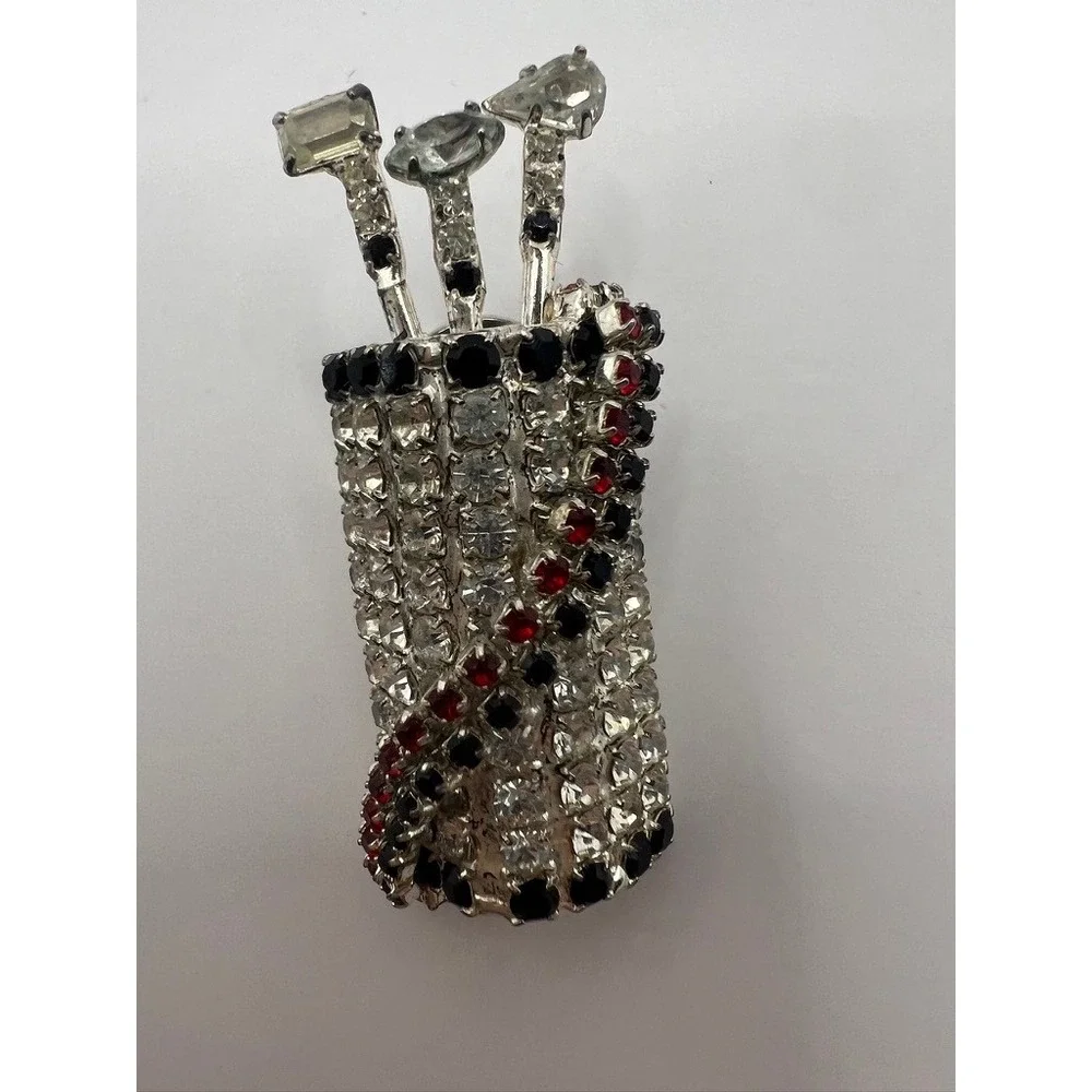 Vintage Dorothy Bauer Golf Bag Pin Rhinestone Red Black‎ Novelty Brooch 80s Chic